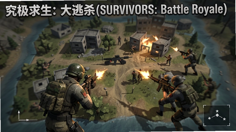 “究极求生:大逃杀(SURVIVORS: Battle Royale) 游戏全景地图与激烈枪战场景”