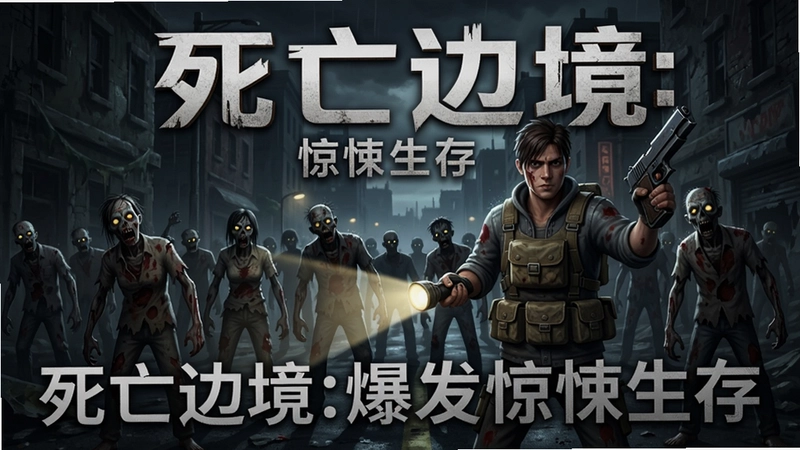 死亡边境:爆发游戏主视觉,阴暗街道中丧尸成群,主角持手电筒和手枪,标注“死亡边境:爆发惊悚生存”