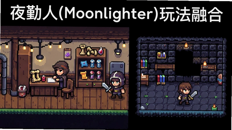 夜勤人(Moonlighter)像素风游戏场景,融合商店经营与地牢探险画面,上方标注文字“夜勤人(Moonlighter)玩法融合”