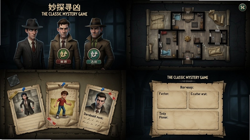 一组展现“妙探寻凶:The Classic Mystery Game”游戏画面的图片,包含角色选择、房间地图、线索卡片以及推理界面,营造悬疑氛围。