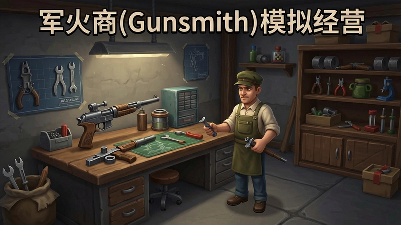 军火商(Gunsmith)游戏画面,展示武器制造台与商店,“军火商(Gunsmith)模拟经营”