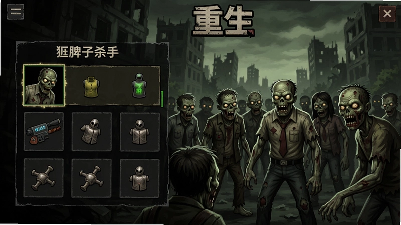 僵尸杀手:重生 游戏主界面 展示装备选择与僵尸群