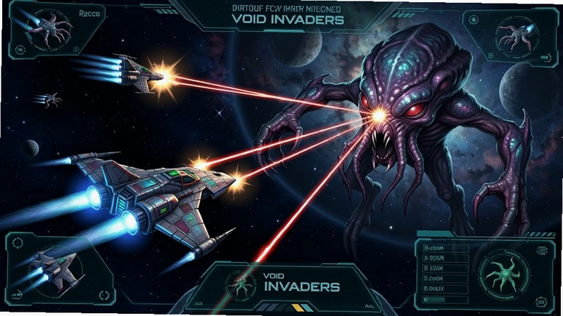 虚空入侵(Void Invaders)太空射击游戏场景,战机与巨大外星生物战斗,激光特效,科幻界面