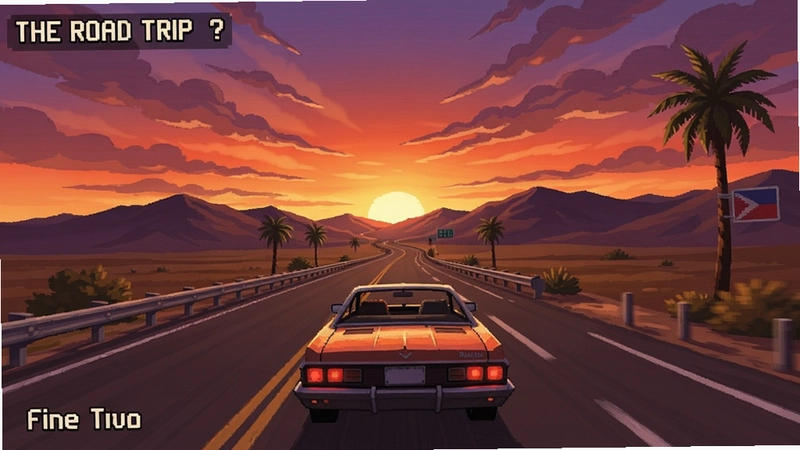公路旅行(The Road Trip)游戏风景截图,一辆汽车行驶在日落公路,远方山峦起伏,天空霞光万丈,充满自由与冒险气息