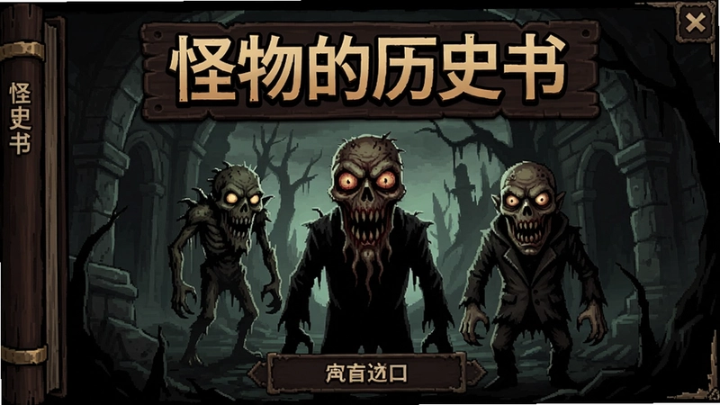 怪物的历史书游戏主界面,包含'怪物的历史书'标题文字与恐怖角色插图