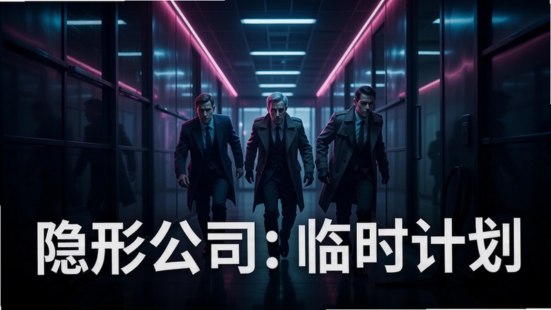 “隐形公司:临时计划”特工团队在霓虹笼罩的敌对企业大厦走廊中悄然潜行的宣传主视觉图