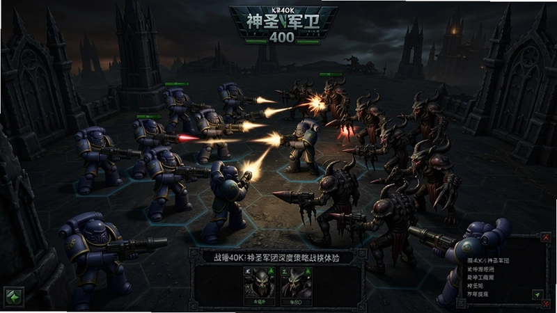 战锤40K:神圣军团游戏战斗场面,星际战士与混沌势力在六边形网格战场上交战,显示中文界面选项,整体黑暗哥特风格,高画质细节,“战锤40K:神圣军团深度策略战棋体验”