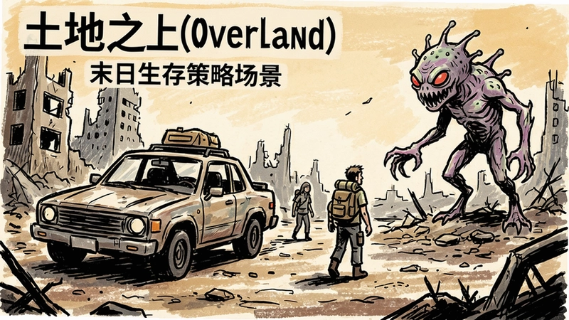 “土地之上(Overland)末日生存策略游戏场景,汽车、幸存者和外星怪物在废土中,手绘漫画风格”