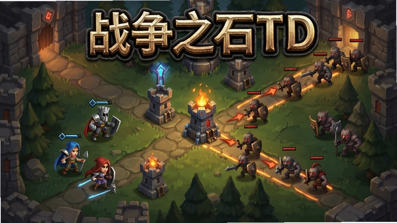 战争之石TD游戏主界面展示,包含英雄、防御塔和敌人进攻路线,奇幻风格,标注“战争之石TD”