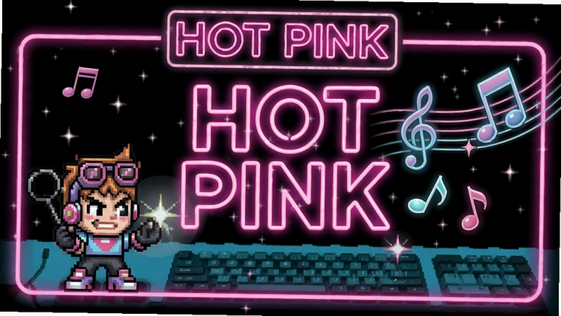一幅展示HOT PINK电脑版游戏标志性粉色调界面的图片,画面中有“HOT PINK”霓虹灯字样,配合游戏角色与音符特效