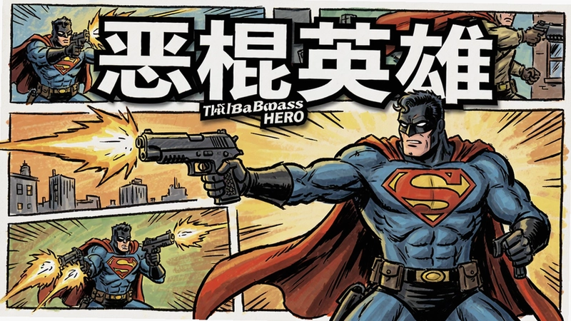 恶棍英雄(The Badass Hero) 手绘美漫横版射击游戏封面 超级英雄持枪战斗 “恶棍英雄”标志 动态分镜
