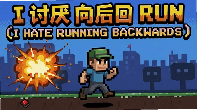 生成一张展示“我讨厌向后跑(I Hate Running Backwards)”主视觉的游戏封面图,包含像素风格角色、爆炸特效和复古街机标题文字