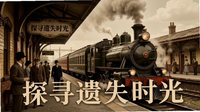 怀旧列车(NOSTALGIC TRAIN)复古火车月台风景,文字“探寻遗失时光”