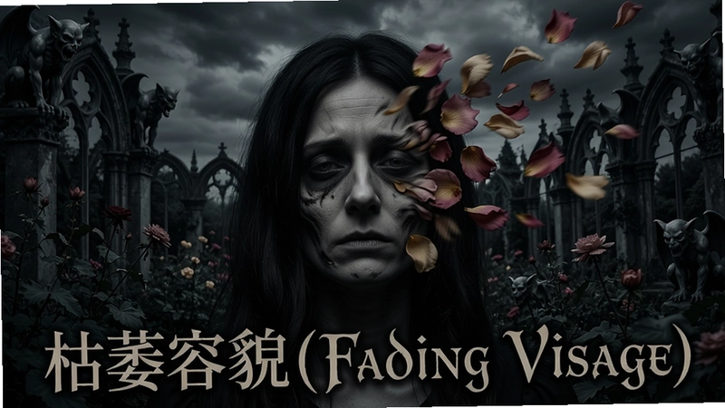一张描绘枯萎容貌(Fading Visage)主角在暗黑哥特式花园中面容逐渐化为花瓣飘散的超现实场景,需包含“枯萎容貌(Fading Visage)”字样作为画面核心标题