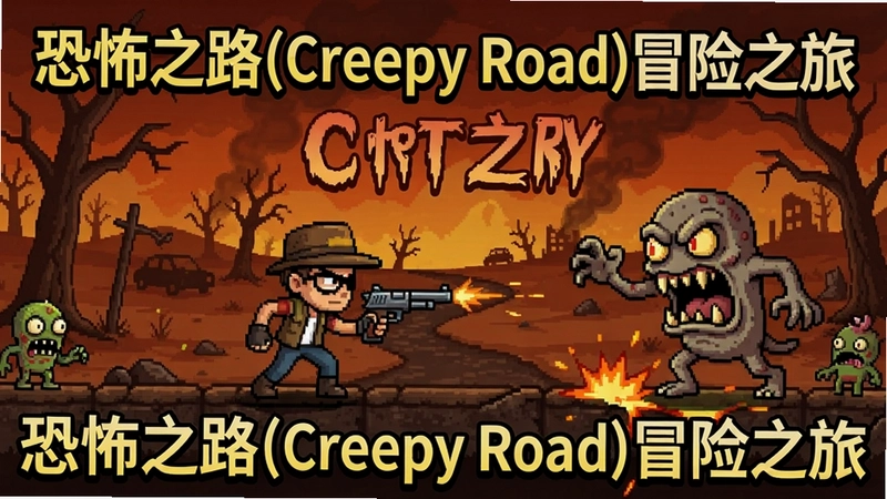 生成恐怖之路(Creepy Road)横版动作画面,主角持枪迎战卡通怪物,末日荒野场景,紧张刺激,带文字“恐怖之路(Creepy Road)冒险之旅”