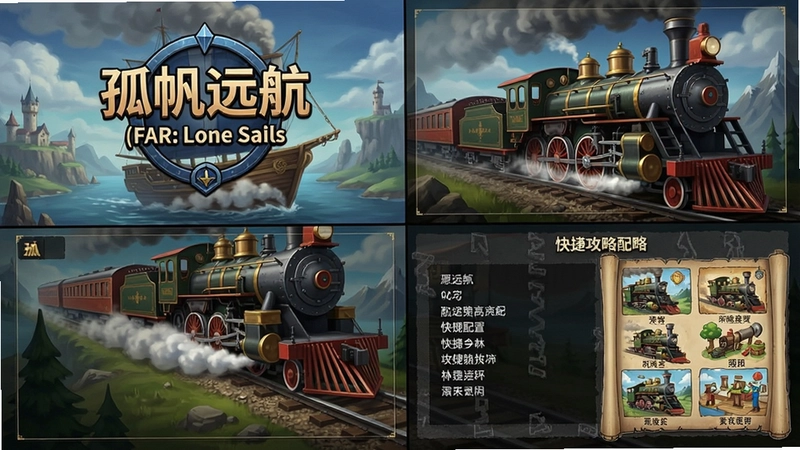 孤帆远航(FAR: Lone Sails)游戏主视觉、蒸汽机车冒险场景、中文界面截图与配置、快捷键、攻略插图综合展示
