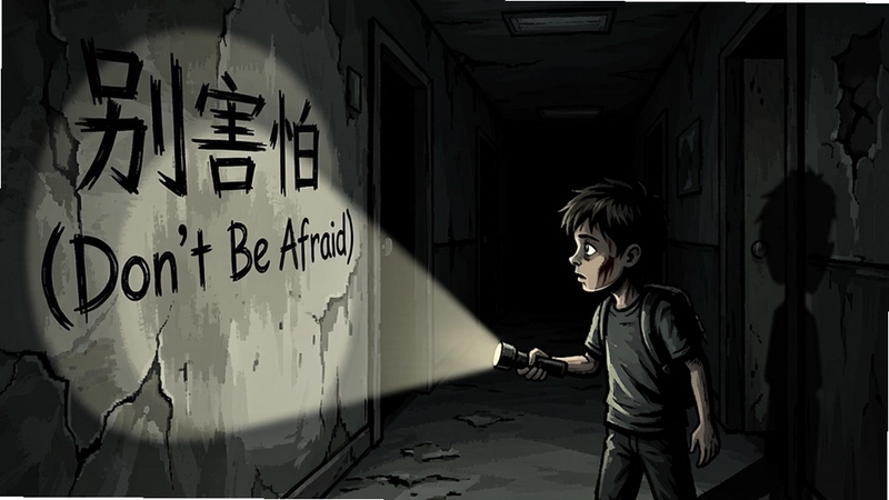 恐怖游戏别害怕(Don't Be Afraid)场景图,小男孩举着手电筒在黑暗走廊探索,墙上写着“别害怕(Don't Be Afraid)”字样,光影阴森