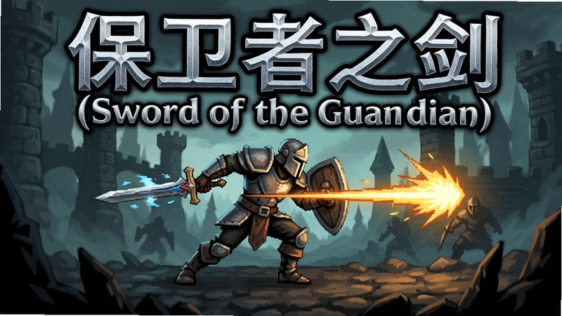 保卫者之剑(Sword of the Guardian)游戏海报,主角横版战斗场景,包含“保卫者之剑(Sword of the Guardian)”文字标识