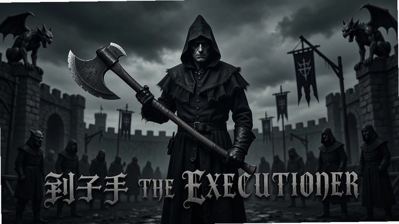 刽子手(The Executioner)主宣传图,黑暗哥特风,刽子手手持巨斧立于刑场
