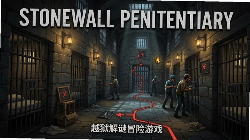 石墙监狱(Stonewall Penitentiary) 主视觉场景,包含监狱牢房和越狱路线,“越狱解谜冒险游戏”