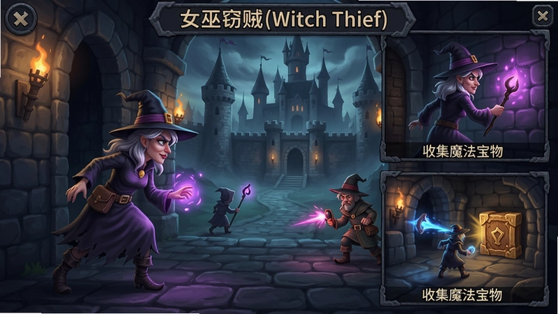 “女巫窃贼(Witch Thief)游戏高清画面:女巫在城堡中潜行施法、与守卫周旋、收集魔法宝物,涵盖战斗、解谜和角色养成元素”