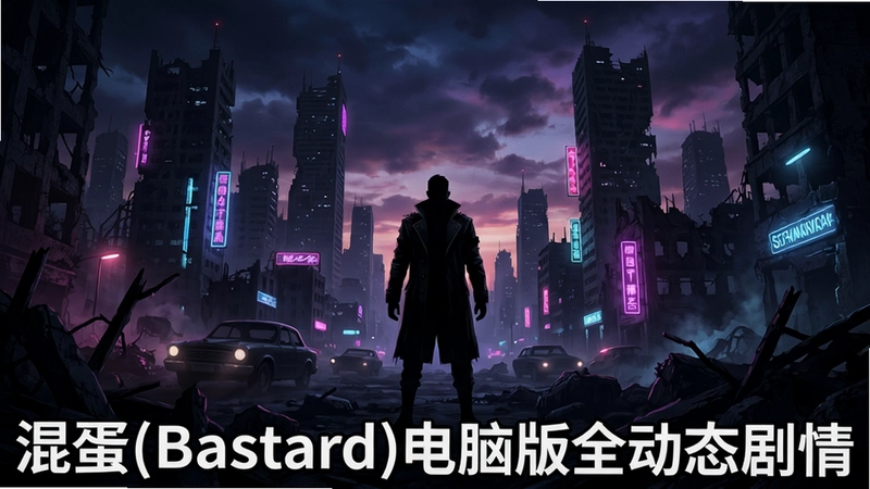 混蛋(Bastard)暗黑世界全景,霓虹废墟中的主角剪影,文字“混蛋(Bastard)电脑版全动态剧情”