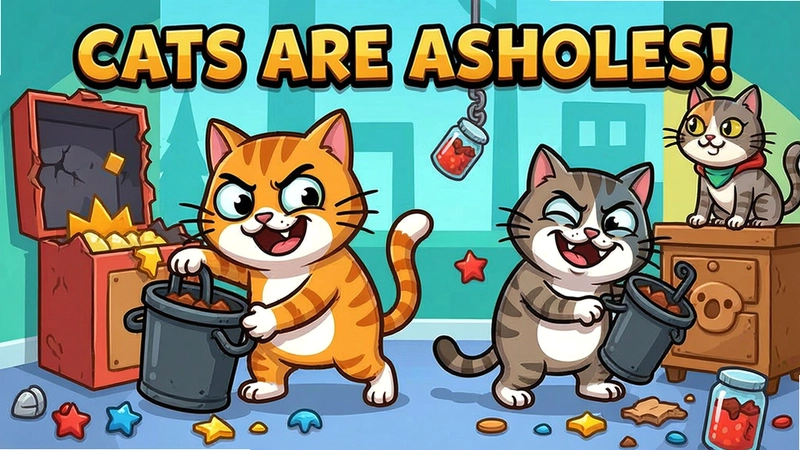 猫咪都是混蛋(Cats are assholes)游戏主视觉,卡通猫咪捣蛋搞破坏,色彩明快