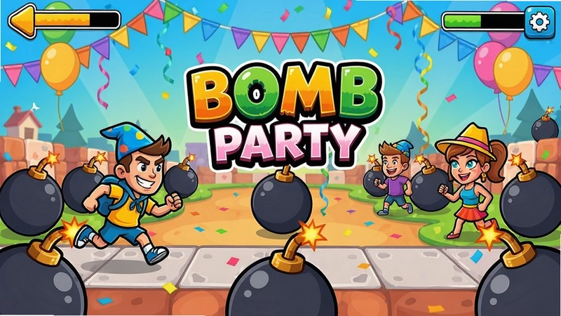 轰炸派对(Bomb Party)游戏主界面,卡通角色在炸弹场地中奔跑,多人同屏对战,色彩鲜艳的派对场景