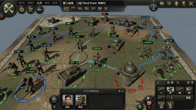 “第三战线:二战(Third Front: WWII)”六大兵种协同、三维战场俯视、复古军事界面与经典二战战役任务总览图