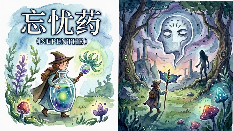 忘忧药(Nepenthe)游戏封面与场景,水彩手绘风格,角色探索,心理隐喻,“忘忧药(Nepenthe)”标志