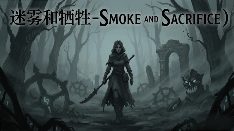 游戏“迷雾和牺牲(Smoke and Sacrifice)”主视觉,黑暗奇幻手绘风格,母亲在迷雾中前行