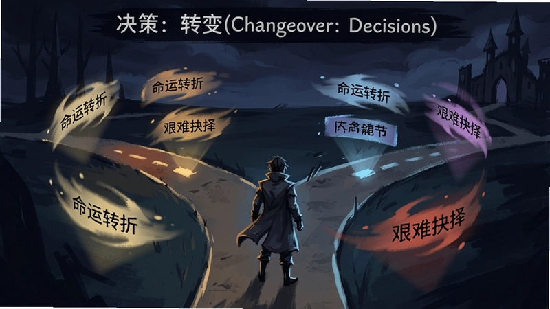 一张展示“决策:转变(Changeover: Decisions)”游戏核心命运选择界面的插画,画面中人物站在分岔路口,周围悬浮多个文字选项,色调冷暖对比,强调“命运转折”与“艰难抉择”