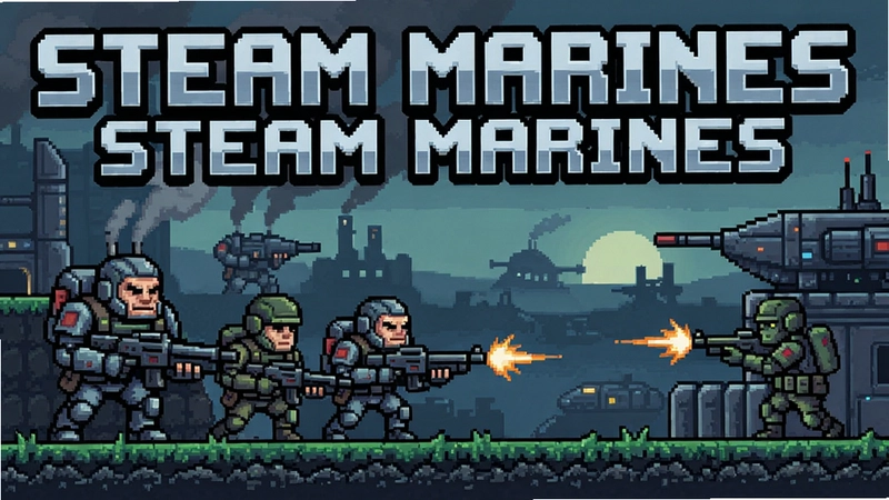 蒸汽大兵(Steam Marines) 游戏封面与战斗场景,科幻像素风格小队战术