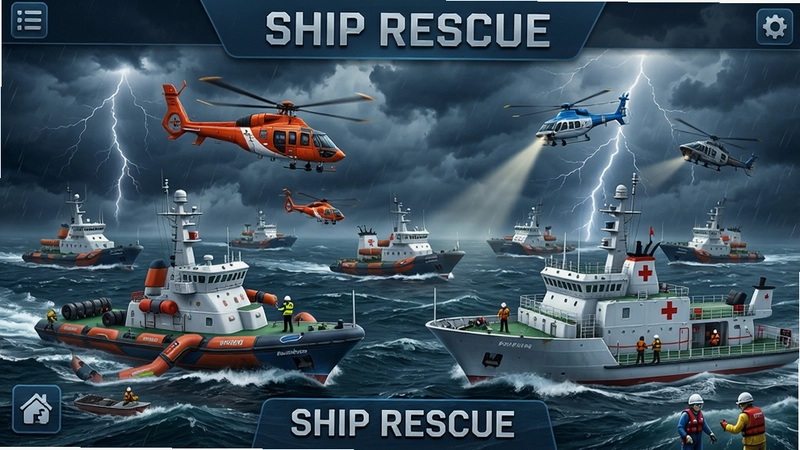 舰船援救(Ship Rescue)游戏主界面,多艘救援船只在暴风雨海面执行船舶救援任务,包含救援直升机与医疗船细节