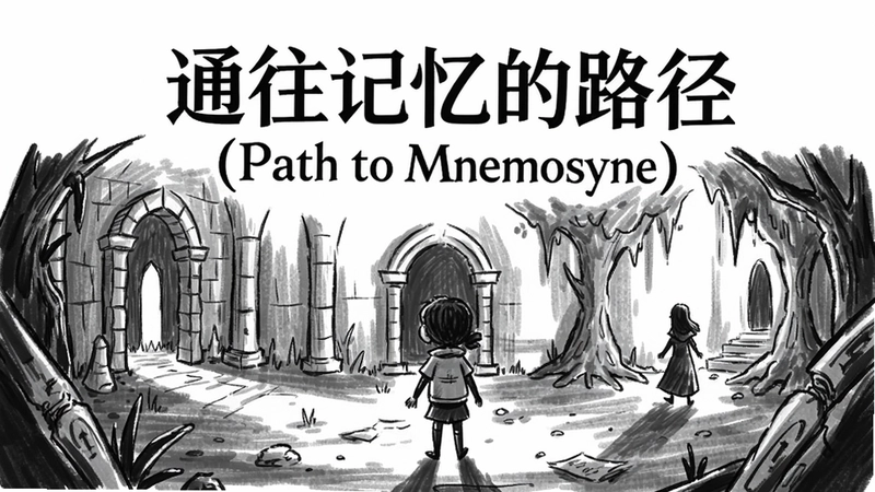 通往记忆的路径(Path to Mnemosyne)游戏主视觉与黑白手绘场景,“通往记忆的路径(Path to Mnemosyne)”标题设计