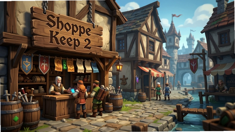 中世纪奇幻风格的冒险家商栈2(Shoppe Keep 2)游戏场景,展现冒险者商店内外景,包含“Shoppe Keep 2”标志。