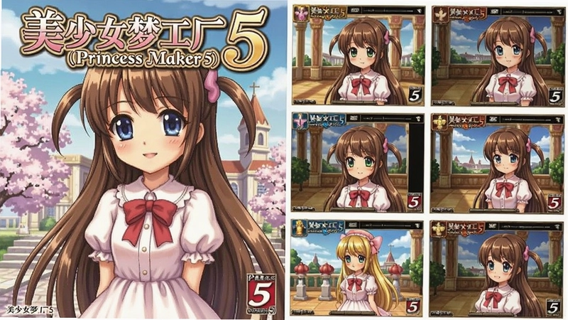 美少女梦工厂5(Princess Maker 5) 游戏封面与游戏截图合集,包含“美少女梦工厂5(Princess Maker 5)”字样