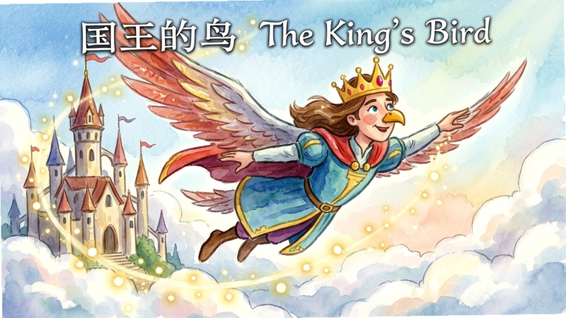 “国王的鸟(The King's Bird)”主视觉,公主在云端王国飞翔,手绘水彩风,光点环绕,动作冒险游戏