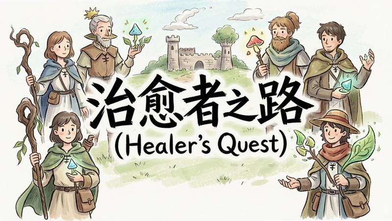 治愈者之路(Healer's Quest)主视觉图,手绘风格角色齐聚,中央醒目“治愈者之路(Healer's Quest)”标题