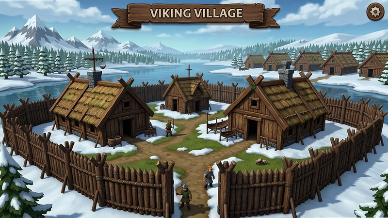 维京村落(Viking Village)游戏主界面与村庄建造,展现维京长屋、木墙与北欧风景