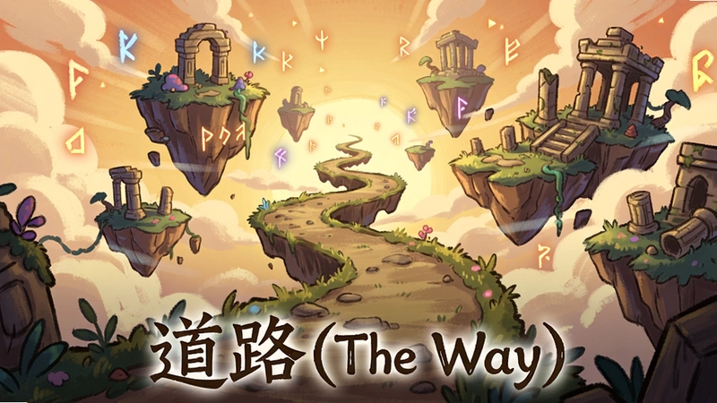 一幅手绘风格的游戏场景插画,画面中央是一条蜿蜒伸向远方的小路,两侧是光怪陆离的浮空岛屿与古旧遗迹,空中悬浮着发光的符文,整体色调温暖而神秘,底部用艺术字标注“道路(The Way)”—— 适合文章首图,概括游戏探索与哲学主题