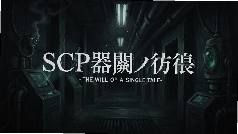 SCP器関ノ彷徨 -The will of a single Tale-游戏主视觉图,画面展现昏暗的收容走廊与诡异仪器,标题文字“SCP器関ノ彷徨”悬浮于中央,神秘氛围浓郁