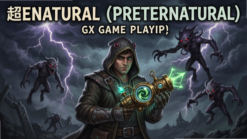 一副展示“超自然(Preternatural)”游戏核心玩法的宣传海报,包含主角手持超自然装置在雷暴中对抗浮空怪物的场景
