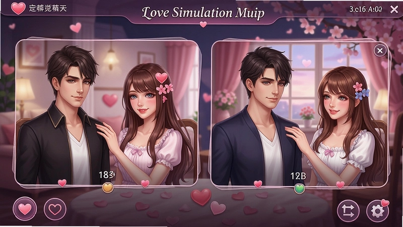 精美的恋爱模拟器(Love Simulation)游戏主界面,展示多角色互动场景,体现浪漫恋爱养成玩法