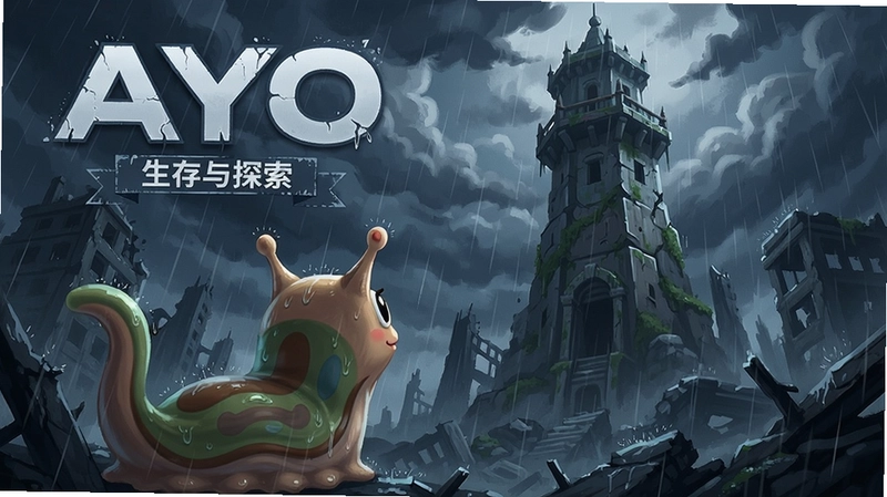 Ayo:雨的世界 游戏主视觉艺术图,蛞蝓猫在暴雨废墟中仰望高塔,文字注明“生存与探索”