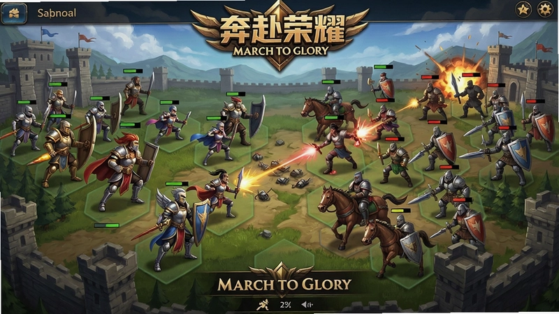 奔赴荣耀(March to Glory)游戏主界面与战场全景,展示英雄与兵种对抗,策略布局场景