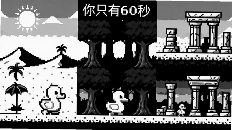 Minit像素冒险游戏画面 黑白像素风 小鸭子主角 沙漠 森林 遗迹 场景