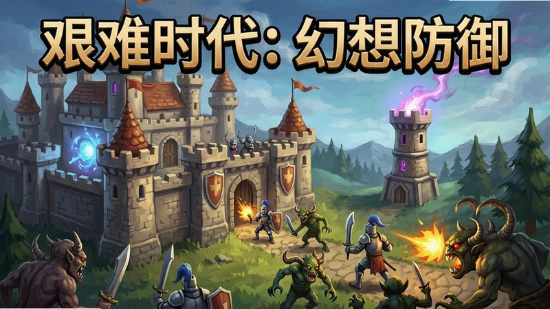 生成一幅表现《艰难时代:幻想防御》游戏画面的精美插画,包含城堡防御、魔法塔、骑士与怪物进攻的场景,标题文字“艰难时代:幻想防御”