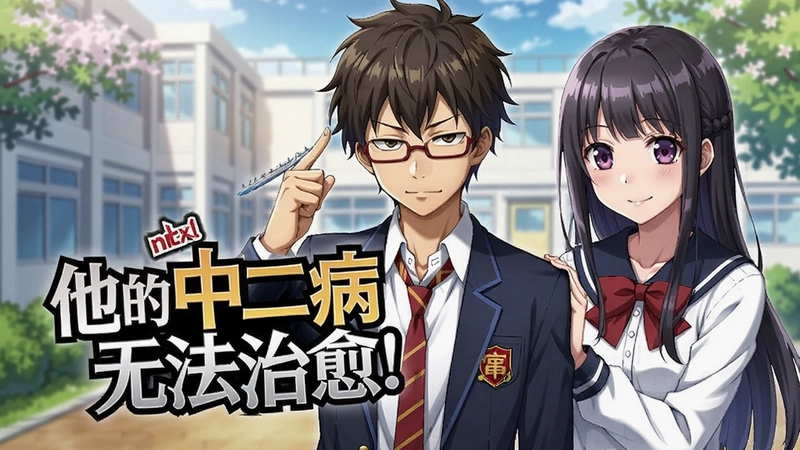他的中二病无法治愈!游戏封面,青春校园恋爱,中二病少年与少女,“他的中二病无法治愈!”文字logo