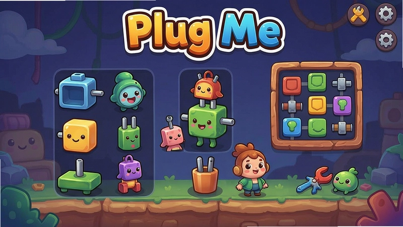 展示Plug Me游戏主界面,包含多彩插件、可爱角色与解谜关卡,文字注明“Plug Me”